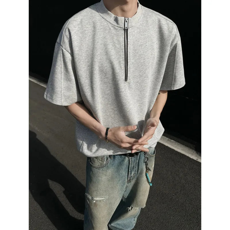 HEARUJOY  -  Summer Short Sleeved T-shirt Men Oversized Casual T Shirt Men Streetwear Korean Loose Round Neck Zipper T Shirt Mens Top M-3XL