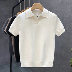HEARUJOY  -  New Fashion Business Tops Men's Polo Shirt Light Luxury Leisure Knitted V Neck T-shirts for Man Korean Popular Short Sleeve Tees