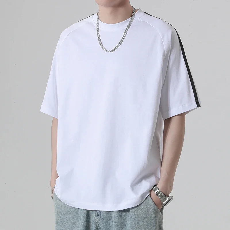HEARUJOY  -  Summer Casual Striped Short Sleeved T-shirt Men's Fashion Oversized Patchwork Tshirts Solid Loose Half Sleeve Hip Hop Tee Top