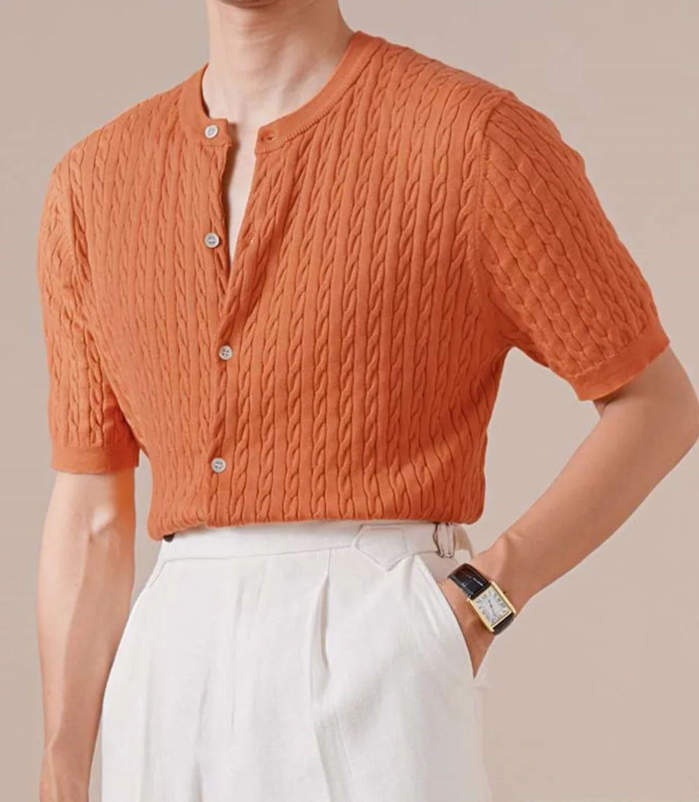 HEARUJOY  -  Summer Tencel Cotton Jacquard Knit Cardigan Men's Short Sleeve Thin Round Neck Draped Casual Business T-Shirt Breathable Polo