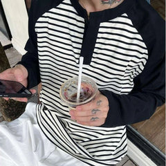 HEARUJOY  -  Autumn Winter Men's Plus Size 300 Jin 150kg Loose Fit Long Sleeve T Shirt Color Blocking Raglan Striped Layering Top