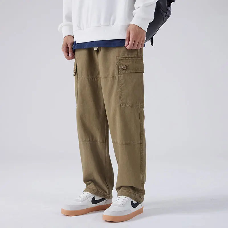 HEARUJOY  -  Streetwear Fashion Men Full Cargo Pants Spring Autumn Harajuku Vintage Oversize Solid Casual Male Loose Wide Leg Denim Trousers