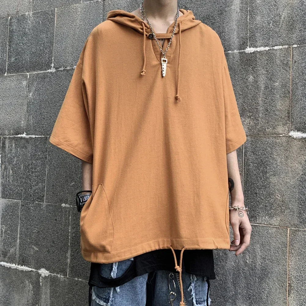 HEARUJOY  -  Casual Outing Black Men Hooded T-Shirt Oversize T Shirt Korean Style Tee Black Casual Shirt Yellow Casual Shirt