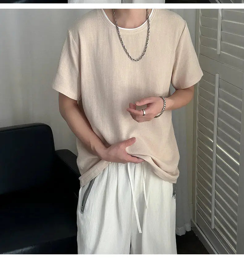 HEARUJOY  -  Korean Style Men's T-shirts Round Collar Short Sleeved Solid Color Mensweae New Summer Pullover Loose Male Tees