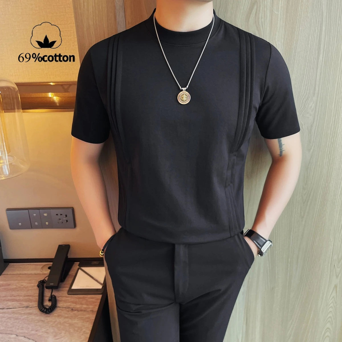 HEARUJOY  -  69% Cotton Stretch Men's T-Shirt - Breathable Modern Fit with Vertical Seam Detail, Timeless Casual Top for Everyday Comfort