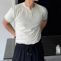 HEARUJOY  -  New Men Luxury Henry Collar T-Shirt Leisure Slim Button-down Solid Color Short Sleeve Tops Korean Style Summer Breathable Tees