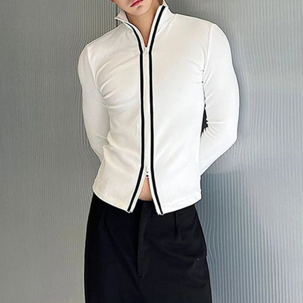 HEARUJOY  -  Men T-Shirt Slim Fit Contrast Color Two-Way Zipper T-Shirt Streetwear Personality Fashion Casual Long-Sleeve Tops Men'S Clothing