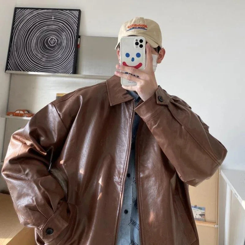 Hearujoy Pu Leather Jacket Men's Personalized Fashion Street Biker Wind Jacket Spring and Autumn Loose Lapel Top Clothes Men Clothing
