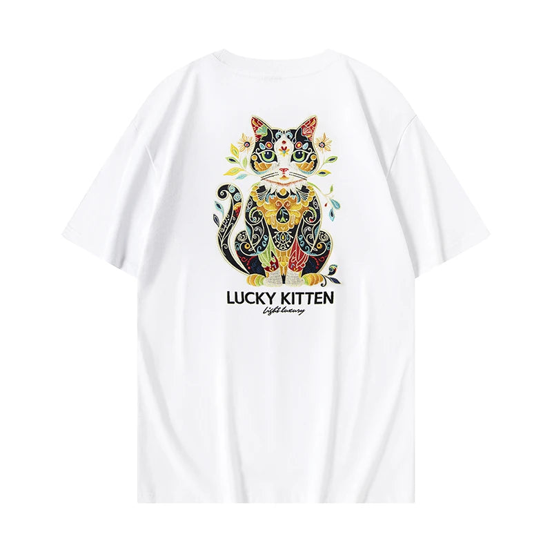 HEARUJOY  -  Harajuku T Shirt Men Cat Embroidery T Shirt Women Oversized Japanese Casual  Short Sleeve Cotton Tees High Quality Summer Tops