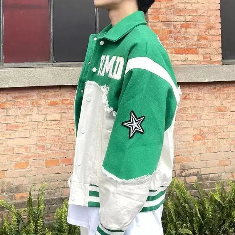 Hearujoy Retro Harajuku Patchwork Y2k Baseball Jean Jacket Casual Loose Couple Coat Hip Hop High Street Denim Jacket Women Streetwear