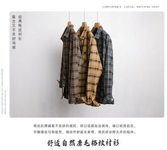HEARUJOY  -  Streetwear Plaid Plus-Size Long Sleeve Shirt for Men Fashion Versatile Literary Casual Loose Brushed Fleece Check Top Jacket