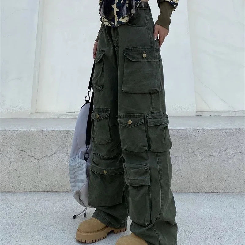 Hearujoy Vintage heavy industry functional wind multi-pocket cargo pants womens hiphop casual high waist pants streetwear women y2k pants