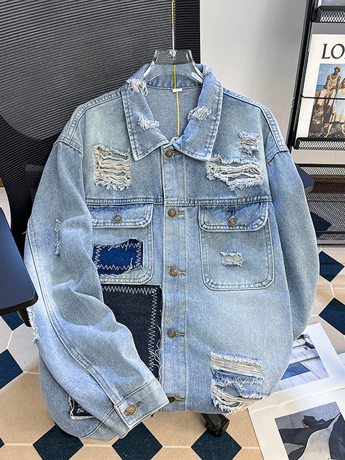 Hearujoy Niche Ripped Patch Denim Jacket Loose Design Men Women BF Lapel Washed and Worn Casual Jeans Coat Hip Hop Streetwear