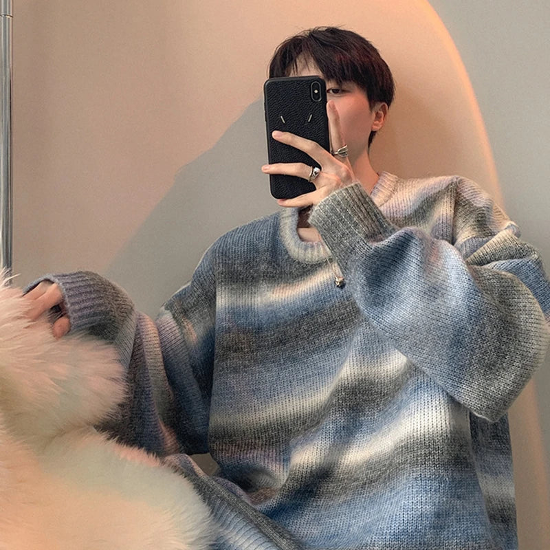 Hearujoy Autumn Clothing Men's Knitted Light Luxury Pullovers Sweater Korean Vintage O Neck Striped Long Sleeve Knitwear 2024 New