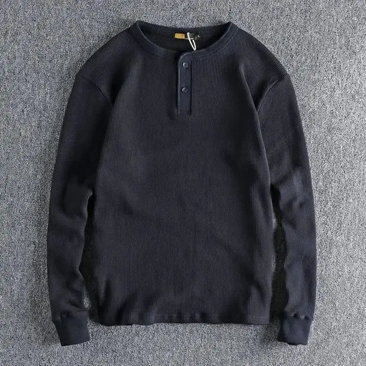 HEARUJOY  -  American Tough Guy Style Knitted Waffle Fabric Henley Long Sleeve T-Shirt Men's Autumn Winter Daily Versatile Youth Base Layer