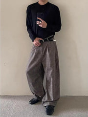 HEARUJOY  -  Men's Casual Pants Sword Way ey And Bla Plaid Loose Wide Leg Floor Length Spring Autumn High Waist Zipper Fly Straight Tube