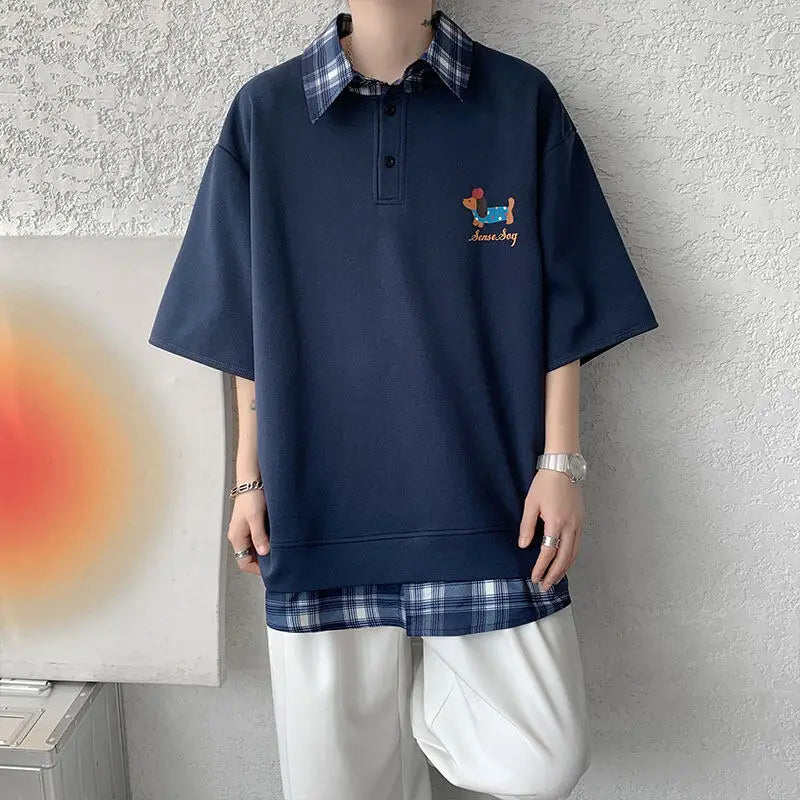 HEARUJOY  -  Dog Embroidery Plaid Polo Short Sleeve T-Shirt 2025 Summer Retro Couple T-shirts Splicing Fake Two Pieces Simple Tops