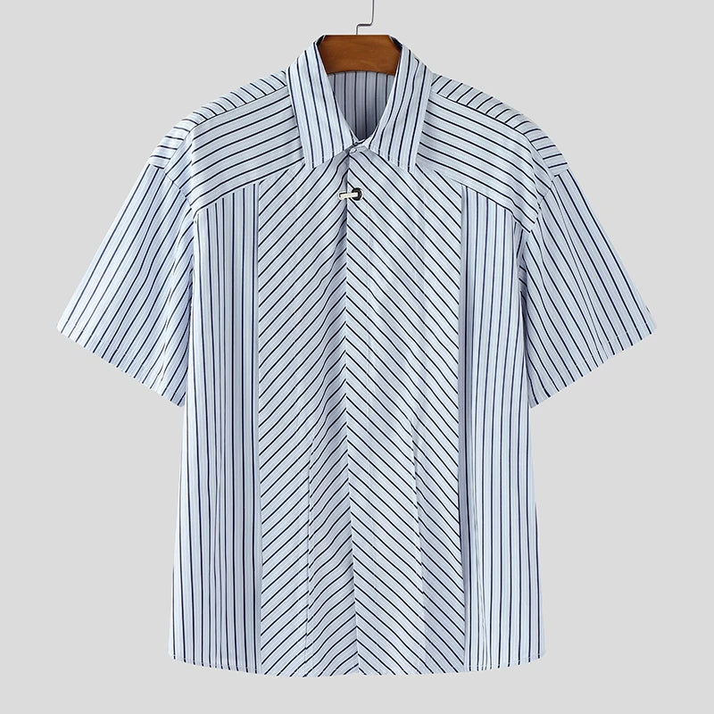 HEARUJOY  -  Men Shirt Striped Patchwork Lapel Short Sleeve Button Men Clothing Streetwear Korean Style Loose Fashion Casual Tops Men