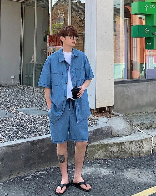 HEARUJOY  -  Japanese Man Sets Work Clothes Loose Cool Two-piece Set New in Matching Elastic Baggy Korean Stylish Shirts Shorts Suits for Men