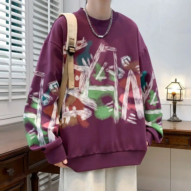 HEARUJOY  -  Men's Long Sleeve T-Shirt Graffiti Spring Autumn New Trendy Round Neck Youth Base Layer Top