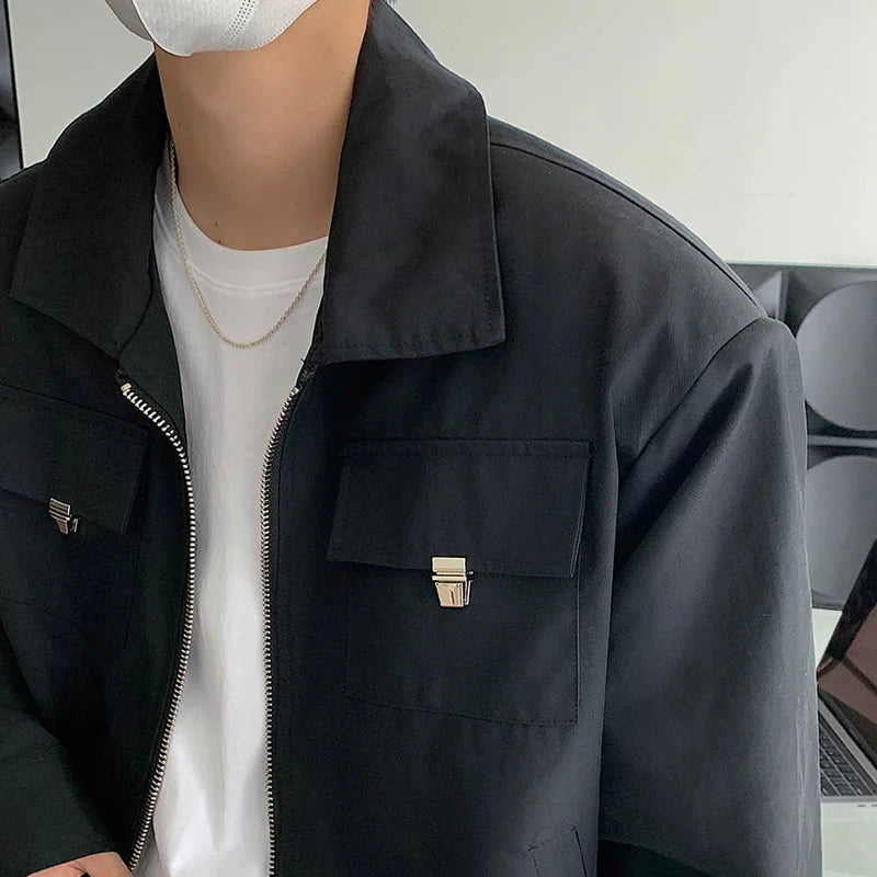 HEARUJOY  -  Simple Lapel Jacket Men Women High Street Short Khaki Baseball Uniform Oversize Multiple Pockets Metal Decoration Bomber Coat