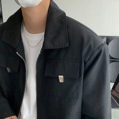 HEARUJOY  -  Simple Lapel Jacket Men Women High Street Short Khaki Baseball Uniform Oversize Multiple Pockets Metal Decoration Bomber Coat