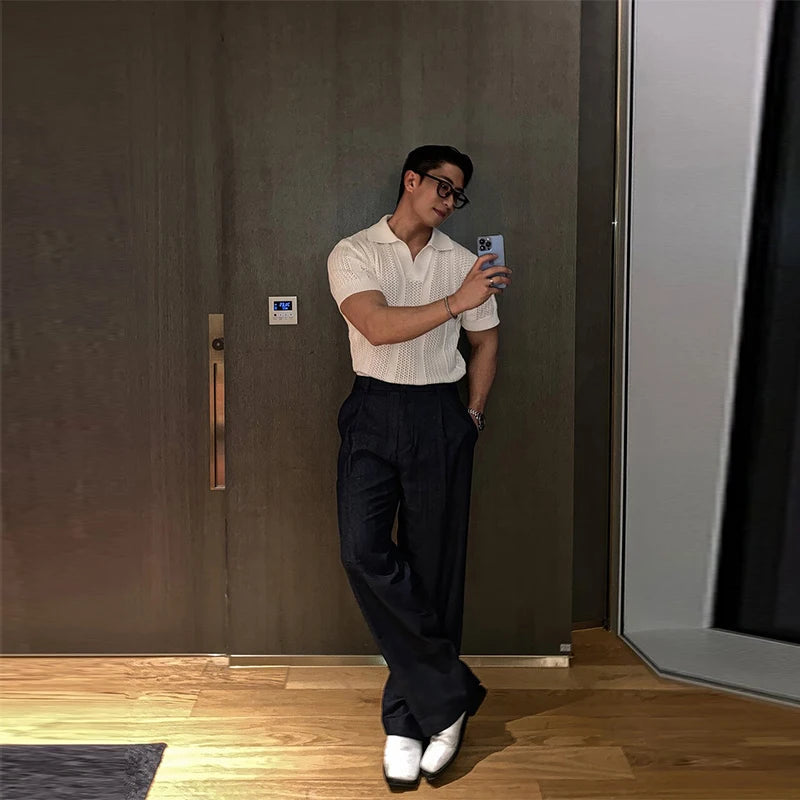 HEARUJOY  -  Men's Clothing Luxury Korean Popular Hollow Out Polo Shirt Leisure V Neck Short Sleeve Solid Color Retro Streetwear Knitwear