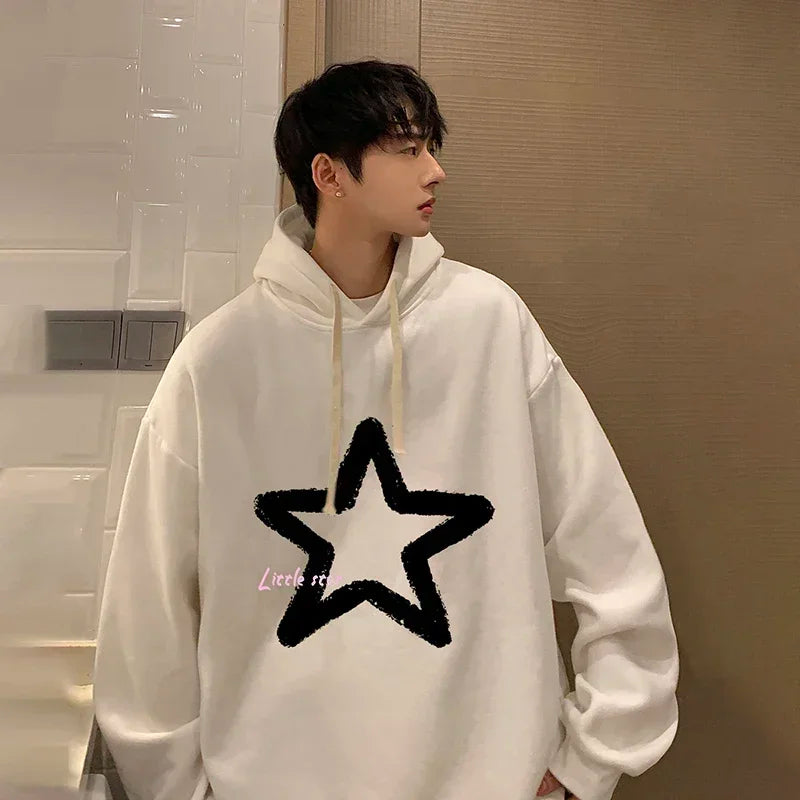 HEARUJOY  -  Men's Oversized Hoodie Off White 5XL Hoodies with Hat Over size for Men Star Print Man Casual Wear Hoody Male Sweatshirt
