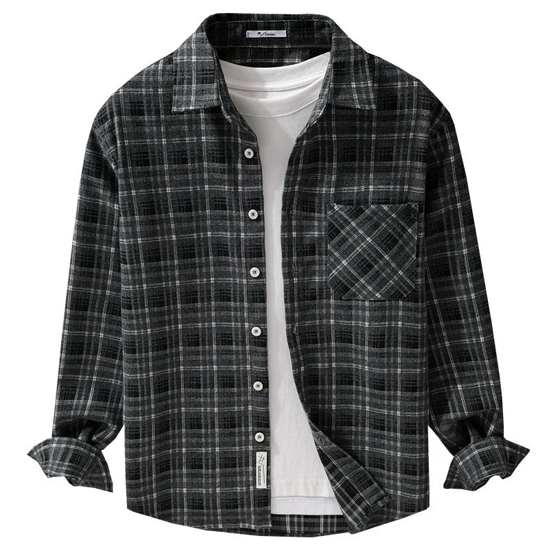 HEARUJOY  -  Streetwear Plaid Plus-Size Long Sleeve Shirt for Men Fashion Versatile Literary Casual Loose Brushed Fleece Check Top Jacket