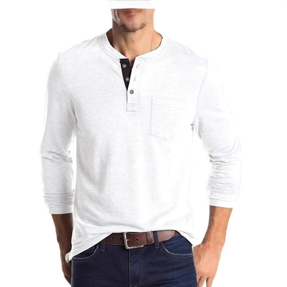 HEARUJOY  -  Spring New Fashion T Shirt Men Basic O Neck Button Long Sleeve T-Shirts Casual Solid Color Breathable Henley Top Tees