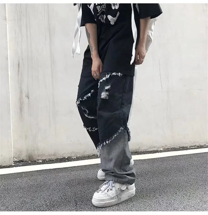 HEARUJOY  -  Mens Jeans Pants With Hole Casual Vintage Straight Leg Korean Fashion Streetwear Harajuku Trousers