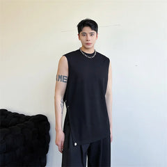 Hearujoy Korean Streetwear Fashion Summer Vest Personalized Asymmetric Design Round Neck Men's Top Versatile Solid Color Sleeveless