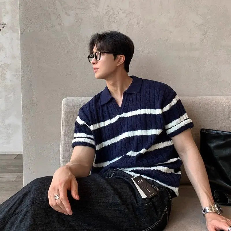 HEARUJOY  -  Twist striped knitted polo shirt short-sleeved men's Korean style slim and versatile casual lapel T-shirt trendy