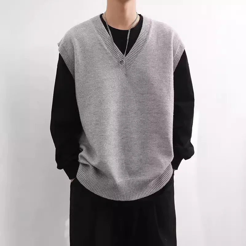 HEARUJOY  -  Men Knitted Sweater Vest Solid Color Autumn Winter Sleeveless V-neck Pullovers Male Casual Loose Waistcoat Korean Style Knitwear