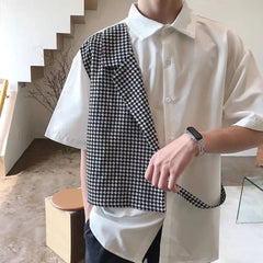 Hearujoy Summer Blouse Mens Short Sleeve Lapel Chain Patchwpork Contrast Color Loose Shirts Fashion Casual Irregular Fake Two-Piece Shirt