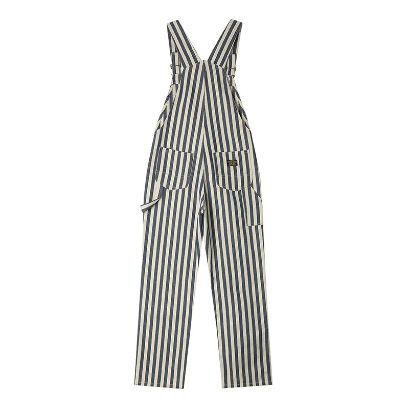 HEARUJOY  -  Vintage Men's American Retro Motorcycle Overalls Striped Bib Denim Jumpsuit 100% Cotton Autumn Pants Heavyweight