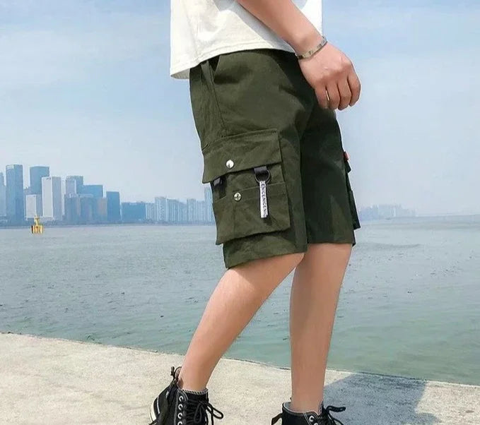 HEARUJOY  -  Oversize Wide Multi Pocket Loose Baggy Short Pants for Men Solid Big Size Elastic Waist Mens Cargo Shorts Hevy Whate Cotton Tall