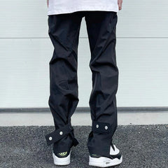 Hearujoy High Street Zipper Pockets Quick Dry Vibe Style Mens Track Pants Elastic Waist Straight Retro Black Casual Trousers