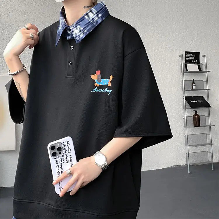 HEARUJOY  -  Dog Embroidery Plaid Polo Short Sleeve T-Shirt 2025 Summer Retro Couple T-shirts Splicing Fake Two Pieces Simple Tops