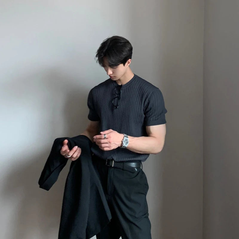 HEARUJOY  -  Men's Clothing Luxury Knitted T Shirt Casual Korean O Neck Solid Color Short Sleeve Tees for Men Breathable Summer Knitwear