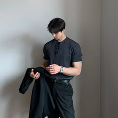 HEARUJOY  -  Men's Clothing Luxury Knitted T Shirt Casual Korean O Neck Solid Color Short Sleeve Tees for Men Breathable Summer Knitwear