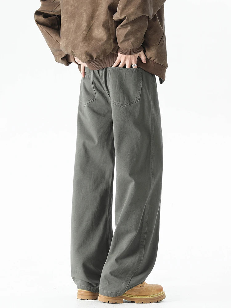 HEARUJOY  -  Korean Style Men’s Casual Pants for Spring Summer 100% Cotton Elastic Waist Solid Color Wide Leg Slacks Loose Straight Trousers