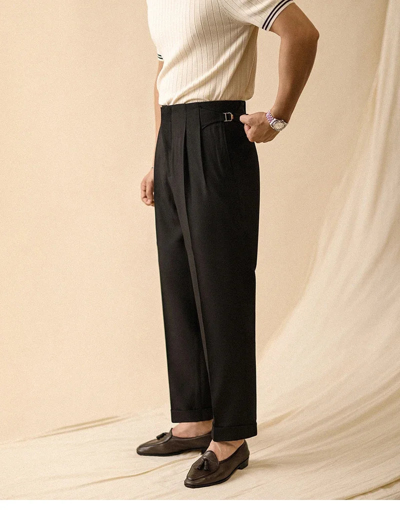HEARUJOY  -  Men's Summer Straight Pants Paris Button Non Ironing Loose Fitting Business Naples Casual Pants High Waisted Office Trousers Men