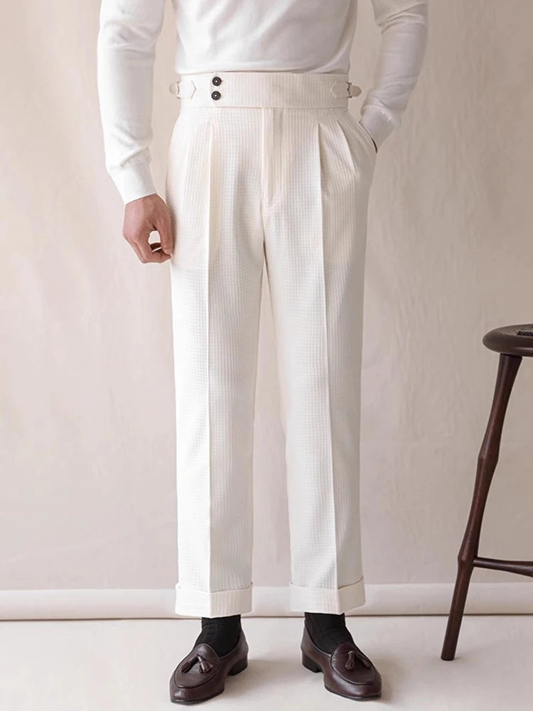 HEARUJOY  -  Naples Style High Waist Pants Mens Stylish Waffle Textured Slim Straight Trousers Men Autumn Casual Button Lace-up Suit Trousers