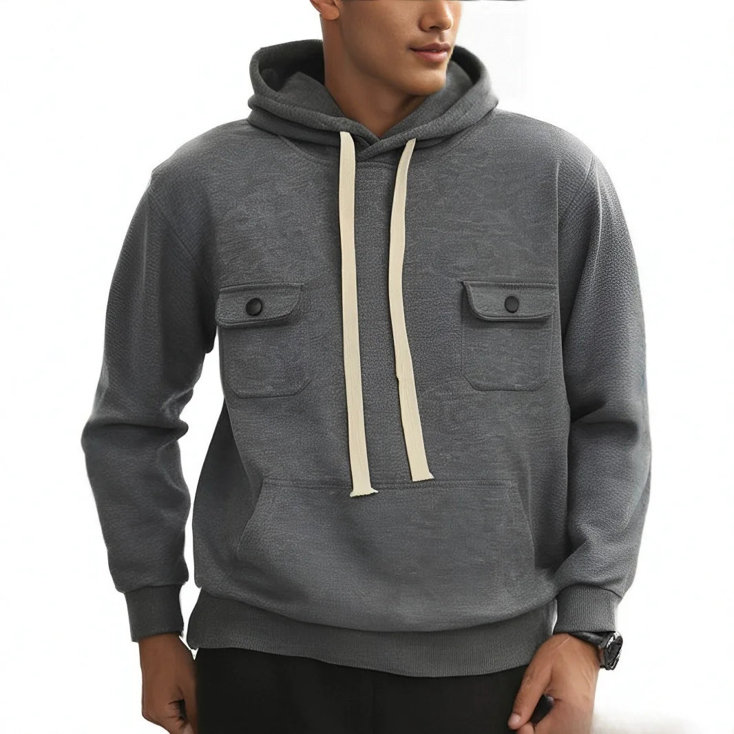 HEARUJOY  -  Heavy weight Hooded Sweatshirt Men Autumn Winter Plush Multi Pocket Workwear Hoodie Fashion Solid Color Pullover Top Blazer