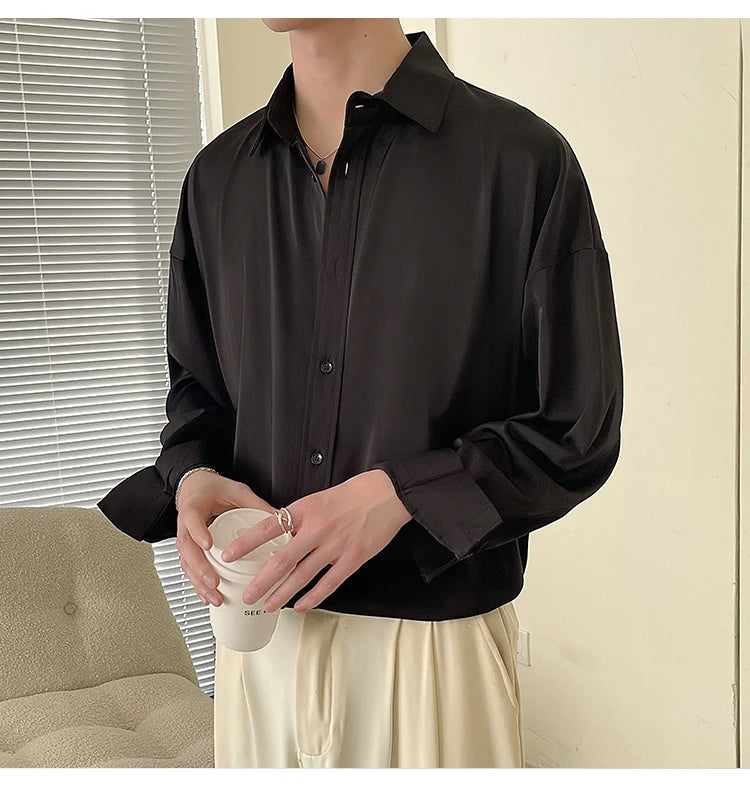 HEARUJOY  -  Long Sleeved Shirt Men Oversized Fashion Social Mens Dress Shirt Korean Loose Ice Silk White Shirt Mens Office Formal Shirts