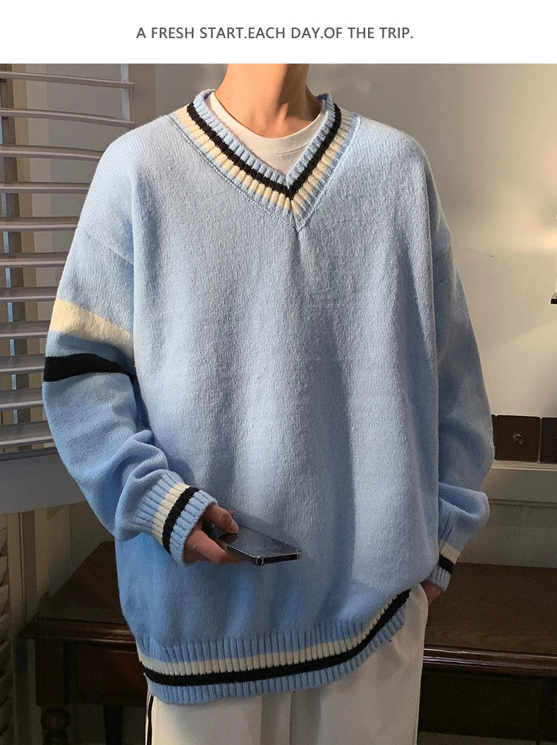 HEARUJOY  -  Preppy V-neck Sweater for Men Couples Pullovers Ins Knitted Top Autumn Korean Trendy Loose-fit Line Clothes for Students Youth