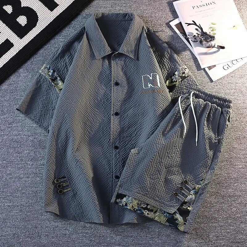 HEARUJOY  -  Summer Men's Set Casual Short Sleeve Print Shirt Shorts 2 Piece Suit Loose Fashion High Quality Sweatshirt Sets
