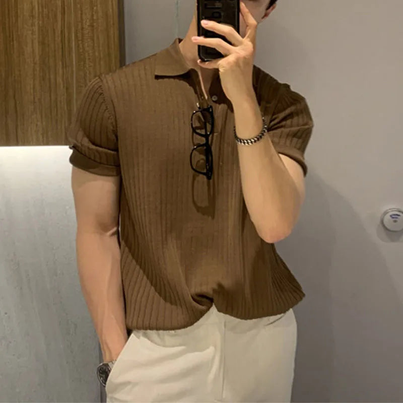HEARUJOY  -  Lapel Polo Shirt Short-sleeved Men's Trendy Brand Loose Casual Summer Thin Solid Color Knitted Sweater T-shirt Base Shirt