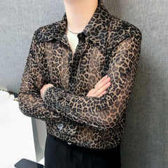 Hearujoy Mens Sexy Leopard Print Mesh See-Through Ice Silk Shirt Autumn Genderless Fashion Youth Nightclub Breathable Hollow Top Unisex